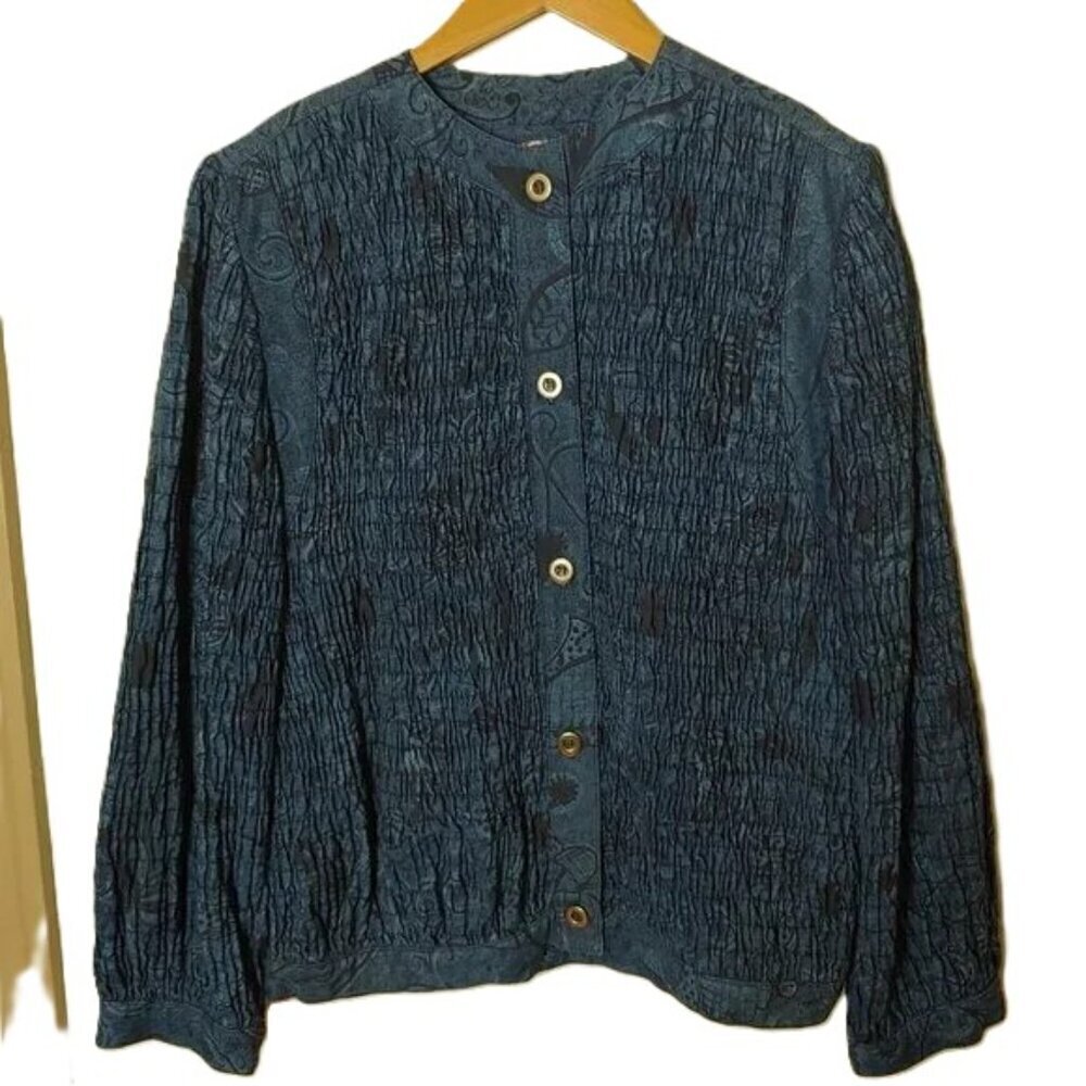 Vintage‎ Boho Smocked Wrinkled Rich Denim Jacket Embroidered Gene Ewing BIS